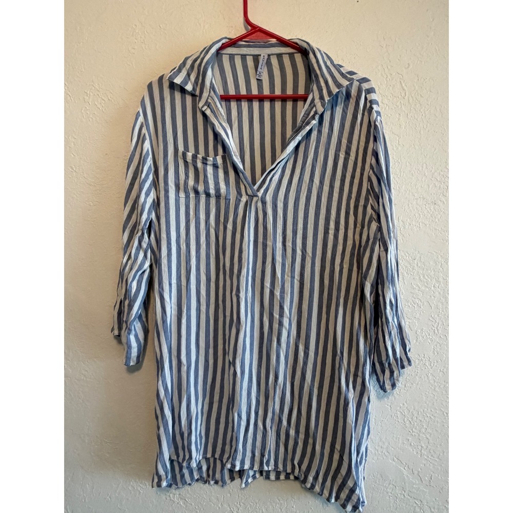 Raviya Blue White Striped Tunic XL Rayon Roll Tab Sleeve Swim Cover Up